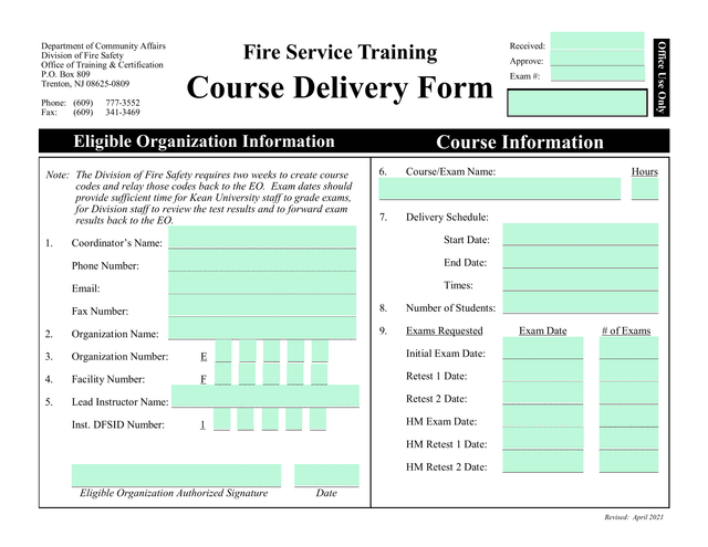 Fire Service Training Course Delivery Form screenshot