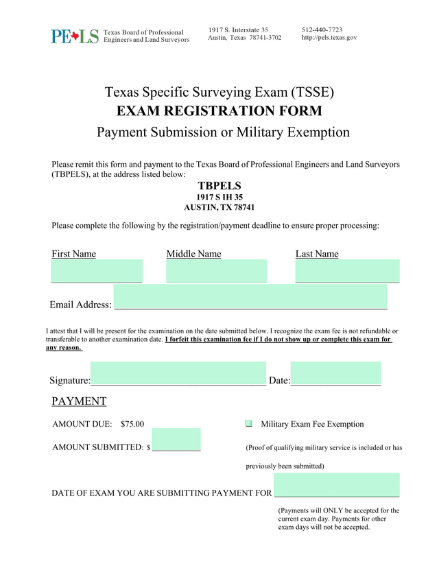 Texas Specific Surveying Exam (TSSE) Exam Registration Form screenshot