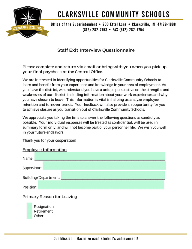 Staff Exit Interview Questionnaire screenshot