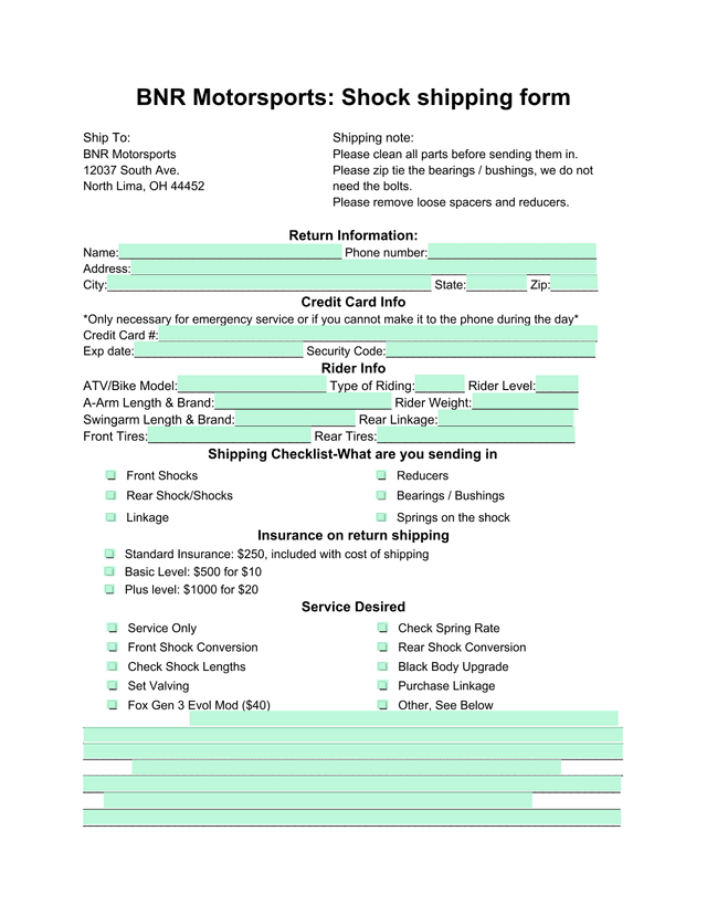 BNR Motorsports Shock Shipping Form screenshot