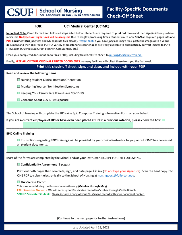 Facility Specific Documents Check Off Sheet screenshot