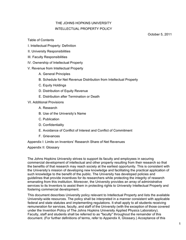 THE JOHNS HOPKINS UNIVERSITY INTELLECTUAL PROPERTY POLICY screenshot