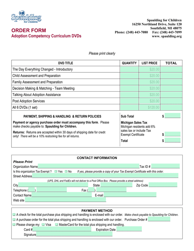 Order Form   Adoption Competency Curriculum DVDs screenshot