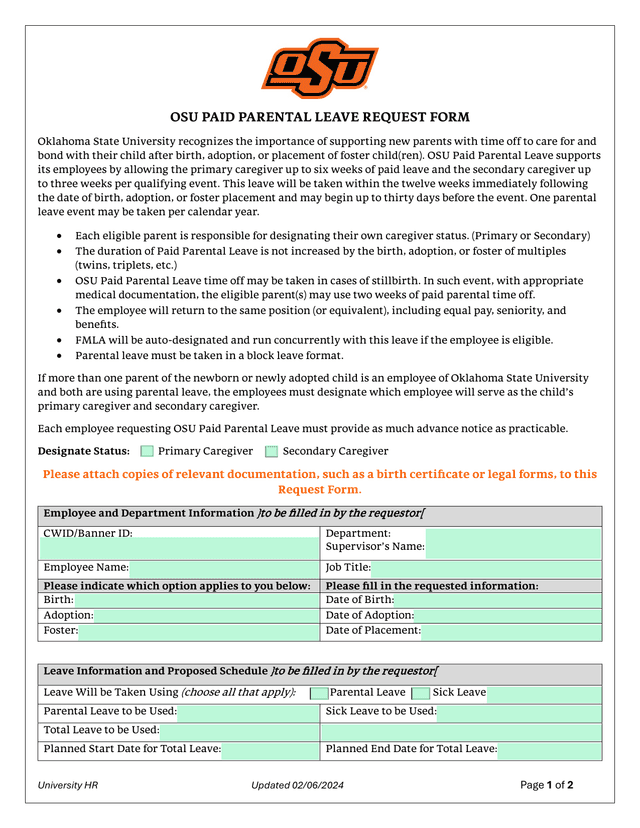 OSU PAID PARENTAL LEAVE REQUEST FORM screenshot
