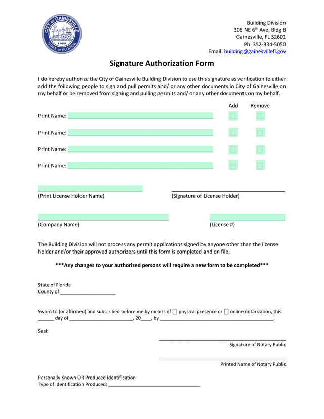 Signature Authorization Form screenshot