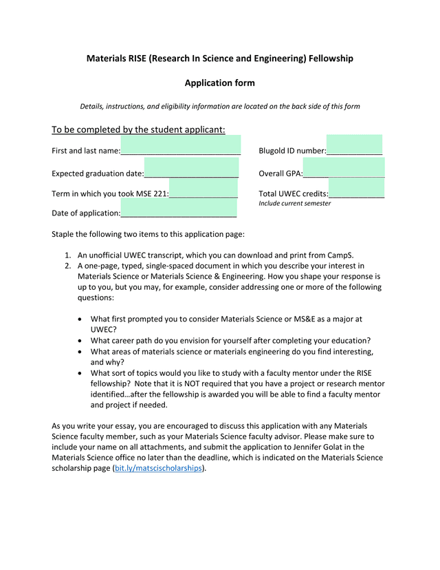 Materials RISE (Research In Science And Engineering) Fellowship Application screenshot