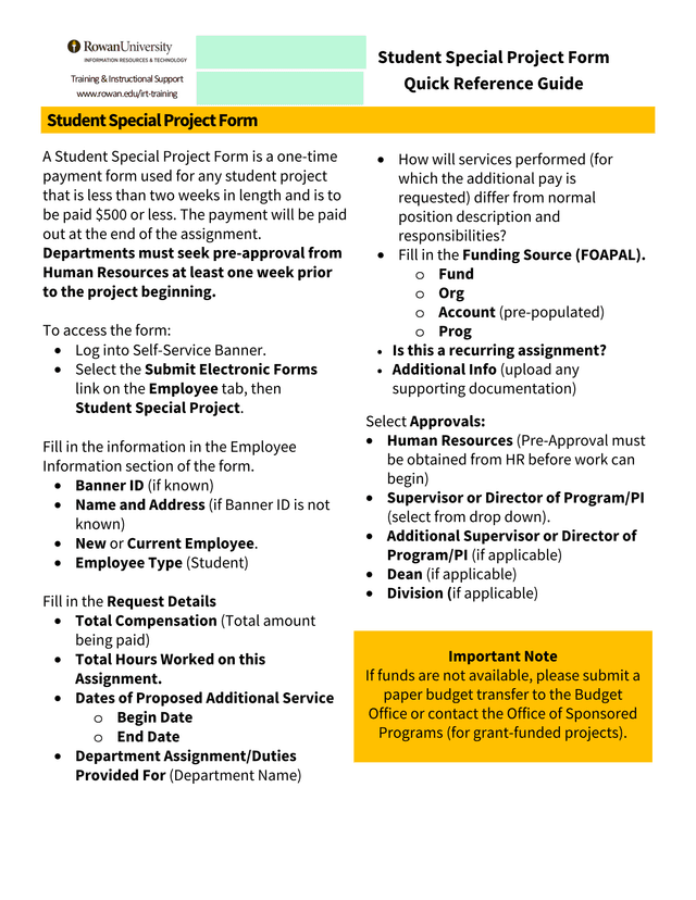 Student Special Project Form Quick Reference Guide screenshot