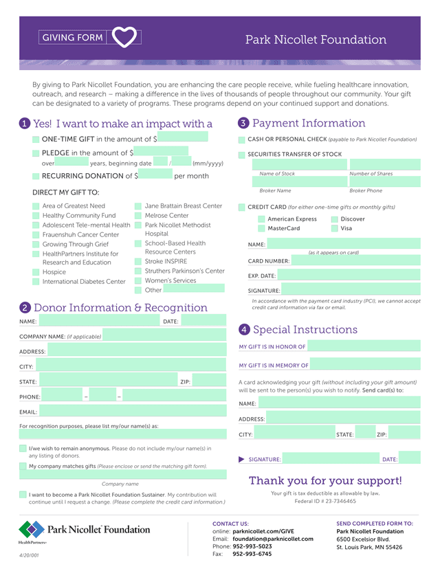 Park Nicollet Foundation Giving Form screenshot