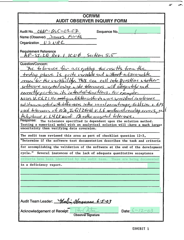 OCRWM Audit Observer Inquiry Form screenshot