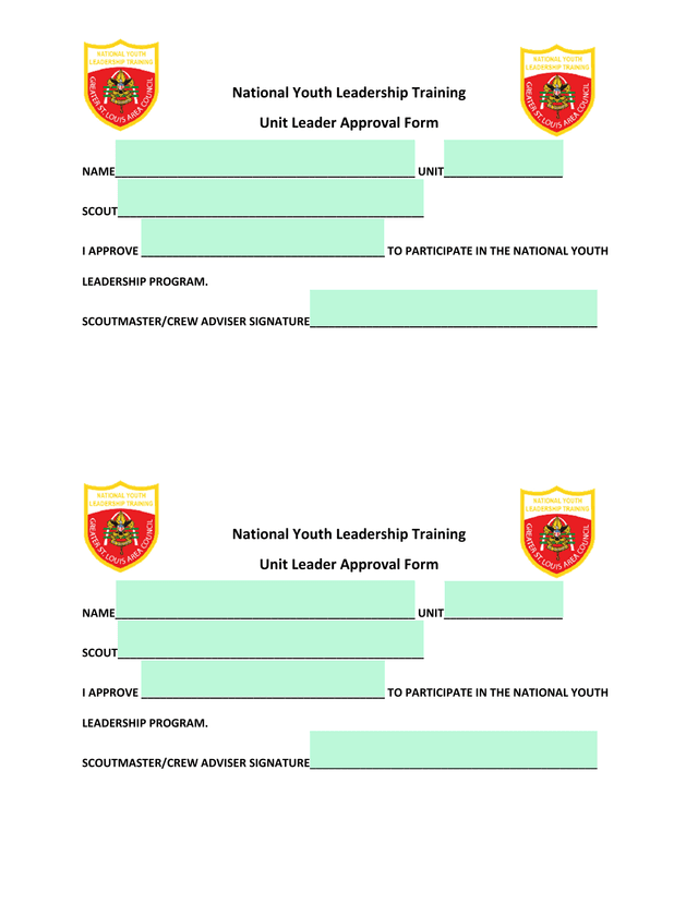 National Youth Leadership Training Unit Leader Approval Form screenshot