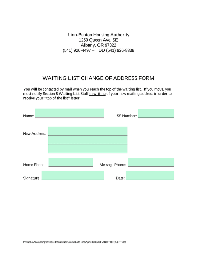WAITING LIST CHANGE OF ADDRESS FORM screenshot
