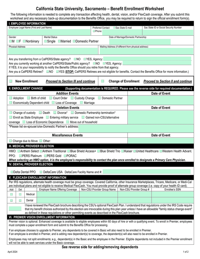 California State University, Sacramento  Benefit Enrollment Worksheet screenshot