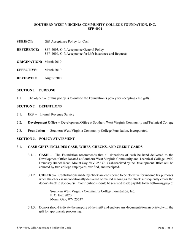 SFP 4004, Gift Acceptance Policy For Cash screenshot