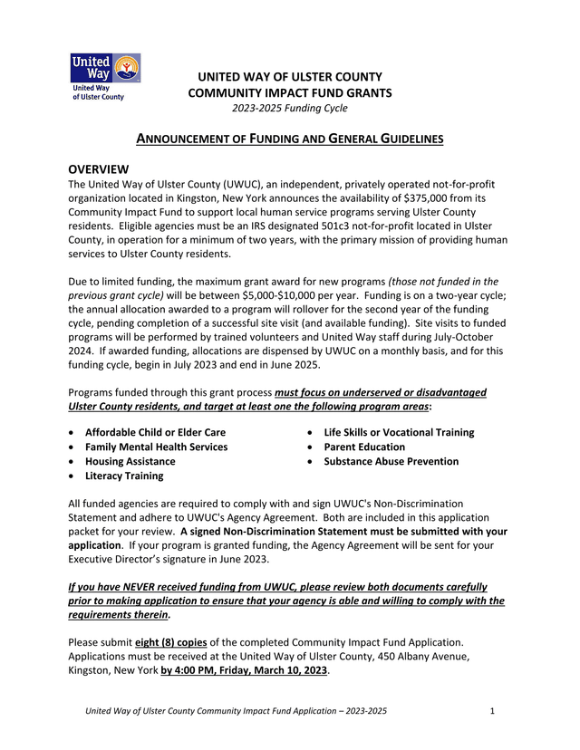 United Way Of Ulster County Community Impact Fund Application  2023 2025 screenshot