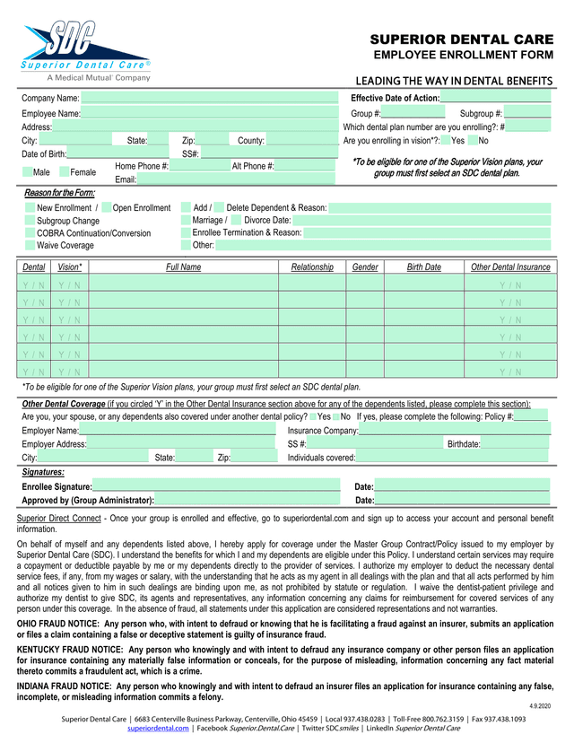 Superior Dental Care Employee Enrollment Form screenshot