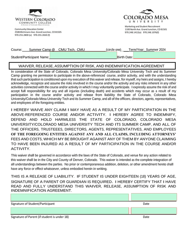 Summer Camp Registration And Waiver Form screenshot