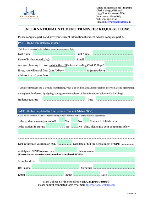 International Student Transfer Request Form screenshot