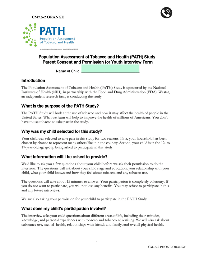 Population Assessment Of Tobacco And Health (PATH) Study Parent Consent And Permission For Youth Int screenshot