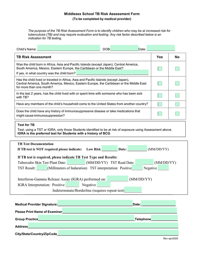 Middlesex School TB Risk Assessment Form screenshot