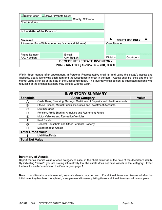JDF 941 DecedentS Estate Inventory screenshot
