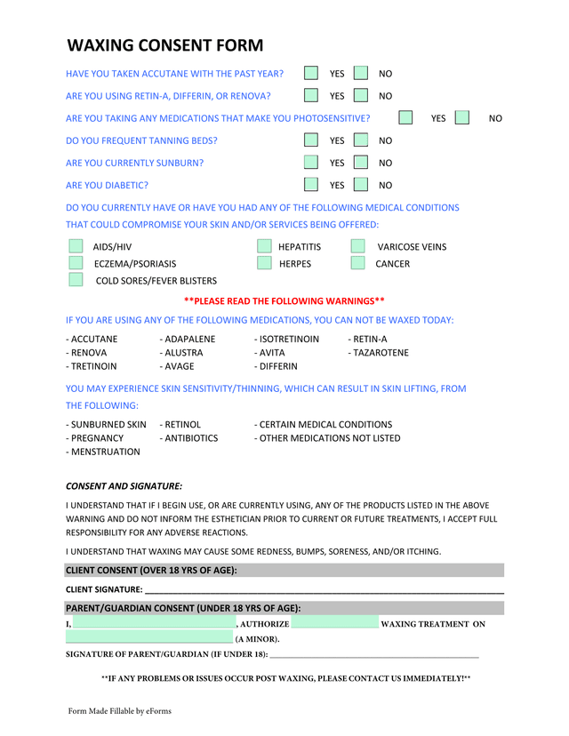 Waxing Consent Form screenshot