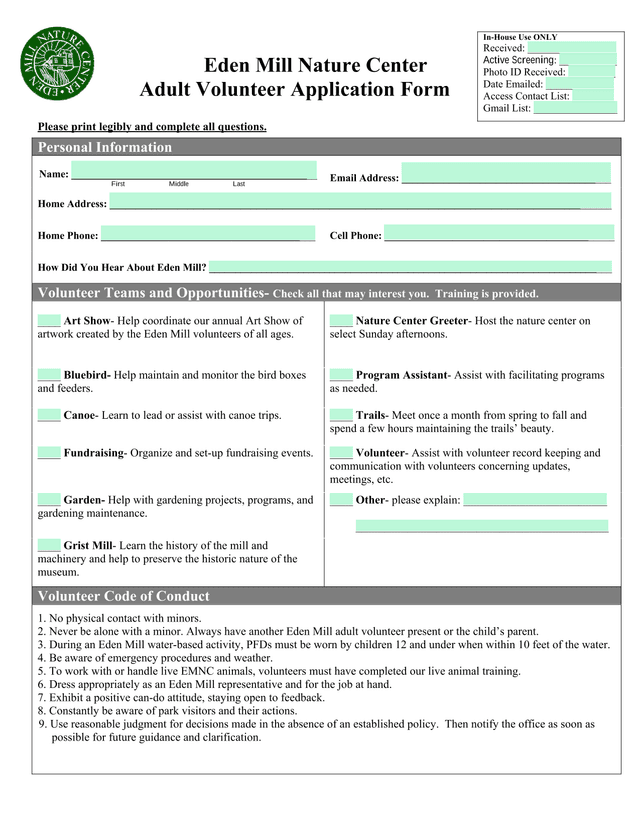 Eden Mill Nature Center Adult Volunteer Application Form screenshot