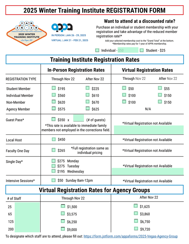 2025 Winter Training Institute REGISTRATION FORM screenshot