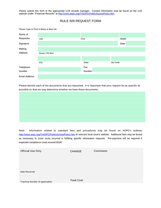 Rule 509 Request Form screenshot