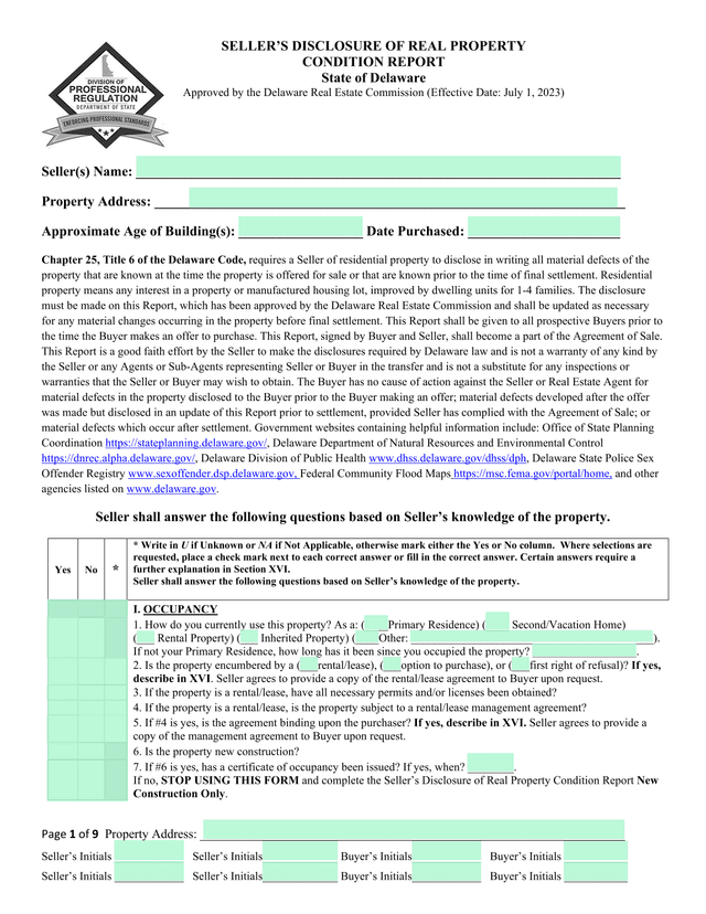 Delaware Residential Property Disclosure Report screenshot