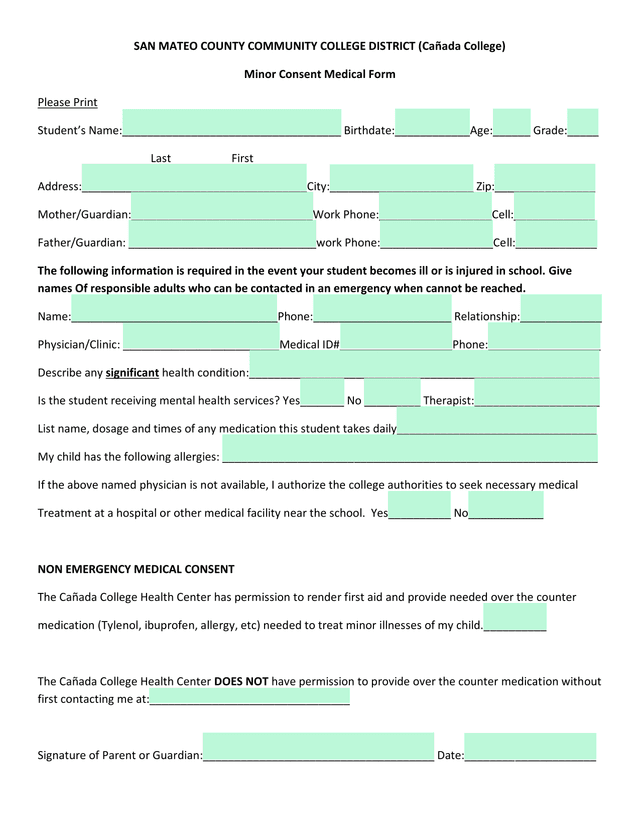 Minor Consent Medical Form screenshot