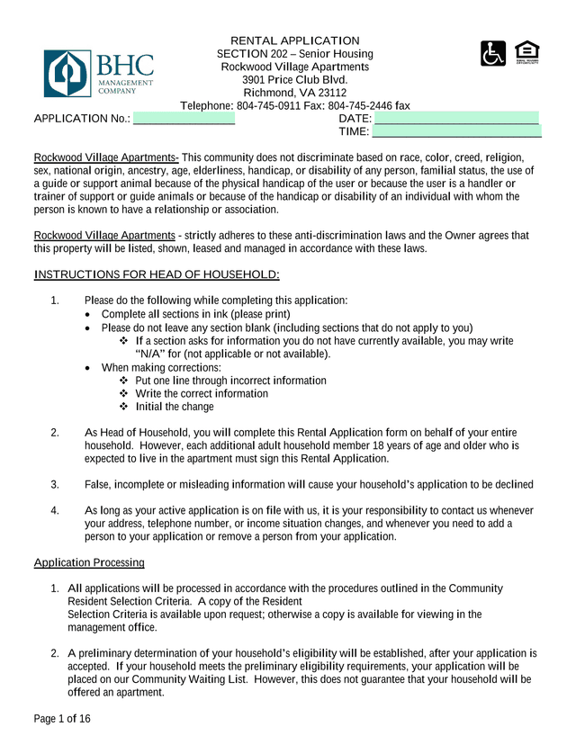 RENTAL APPLICATION SECTION 202  Senior Housing screenshot