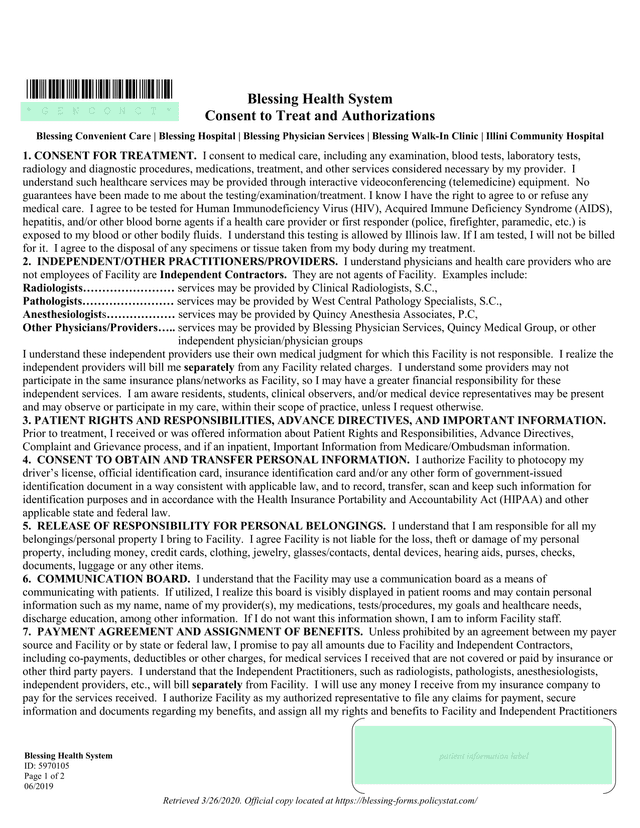 Consent To Treat And Authorizations screenshot