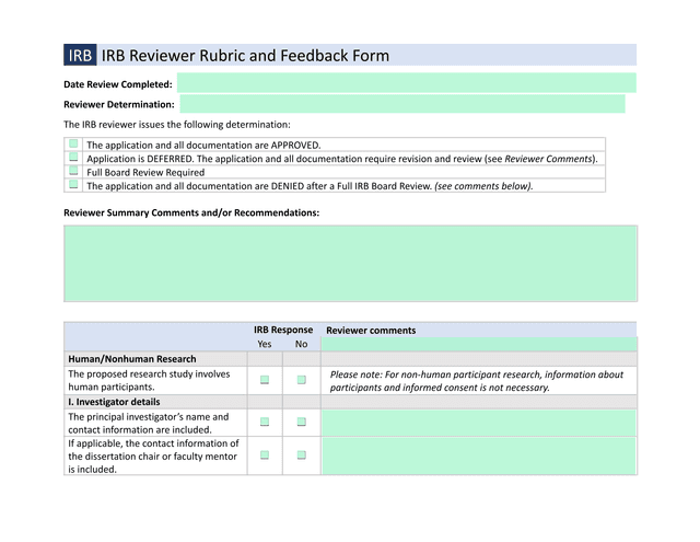 IRB IRB Reviewer Rubric And Feedback Form screenshot