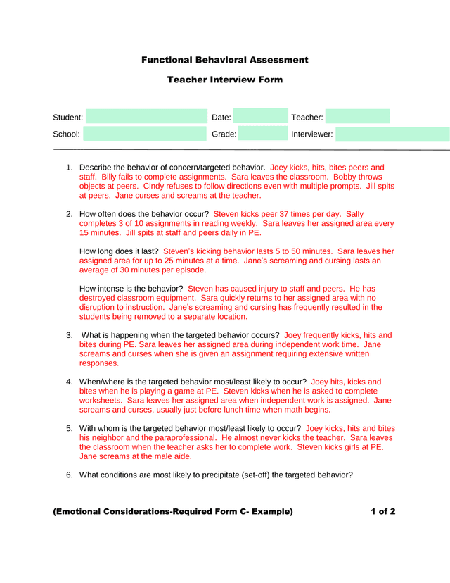 Functional Behavioral Assessment Teacher Interview Form screenshot
