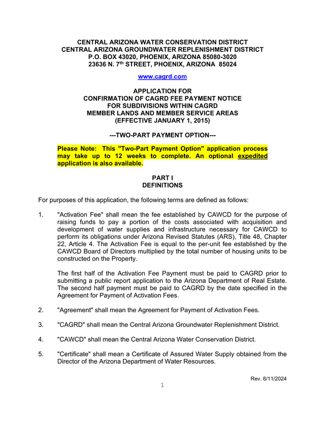 Application For Confirmation Of CAGRD Fee Payment Notice For Subdivisions Within CAGRD Member Lands  screenshot