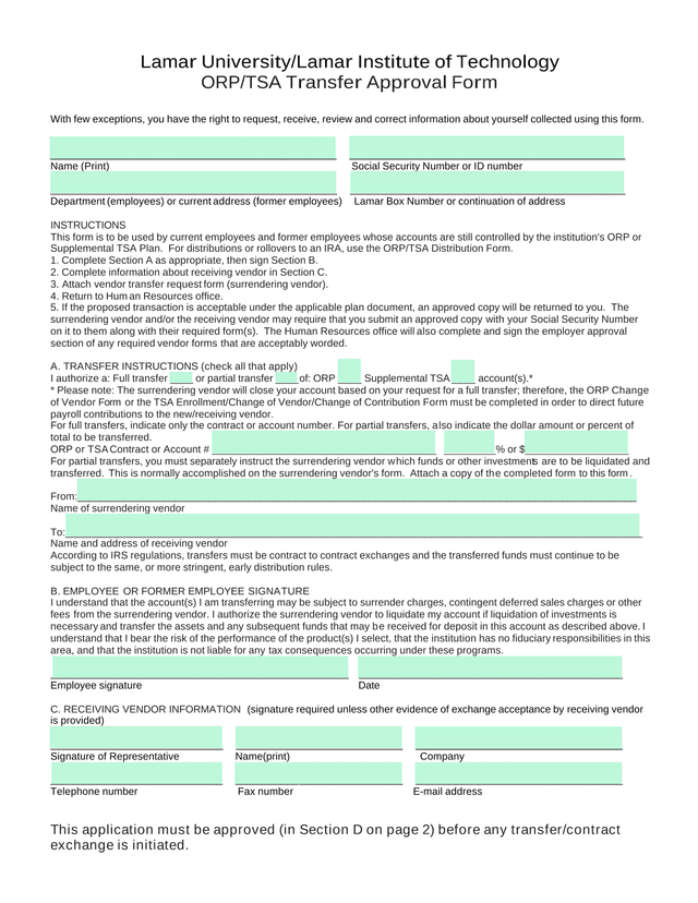 ORPTSA Transfer Approval Form screenshot
