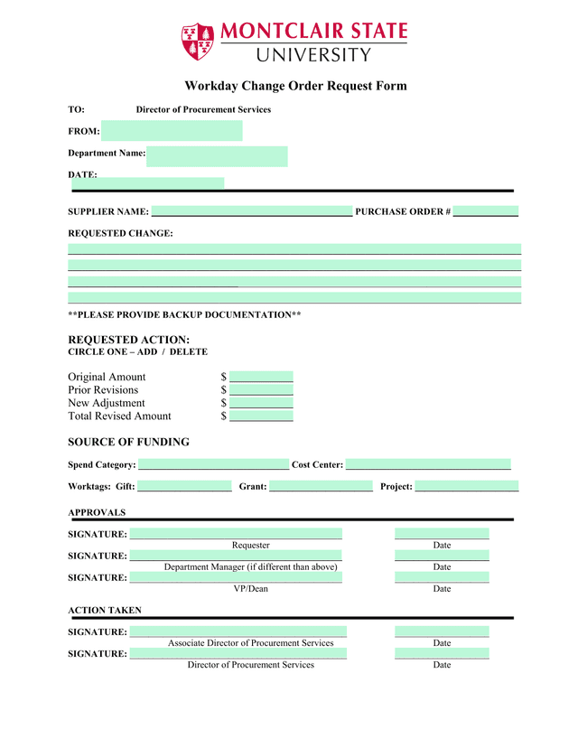 Workday Change Order Request Form screenshot