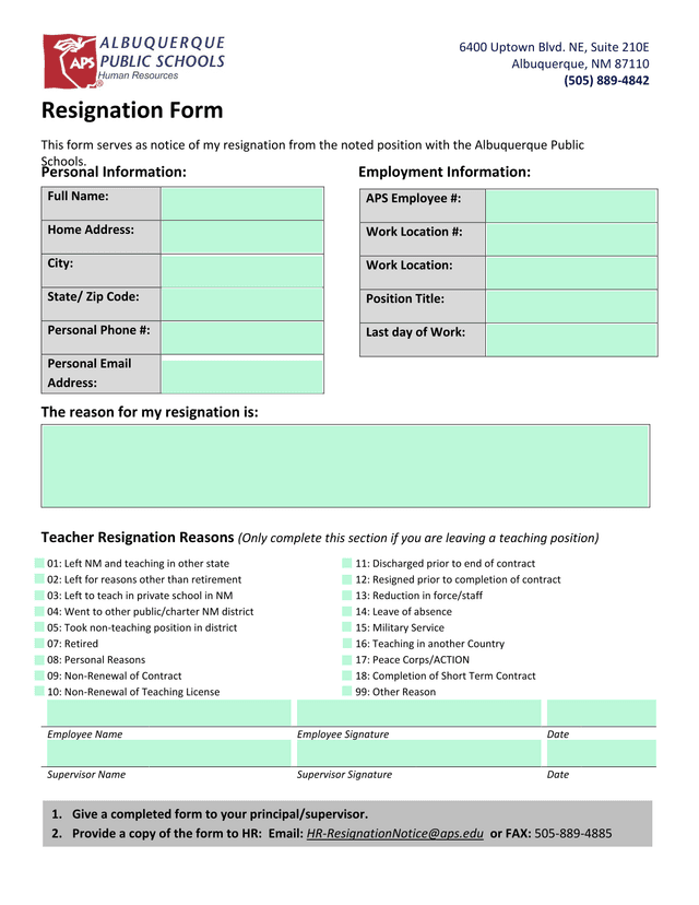 Resignation Form screenshot