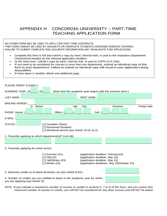CONCORDIA UNIVERSITY  PART TIME TEACHING APPLICATION FORM screenshot