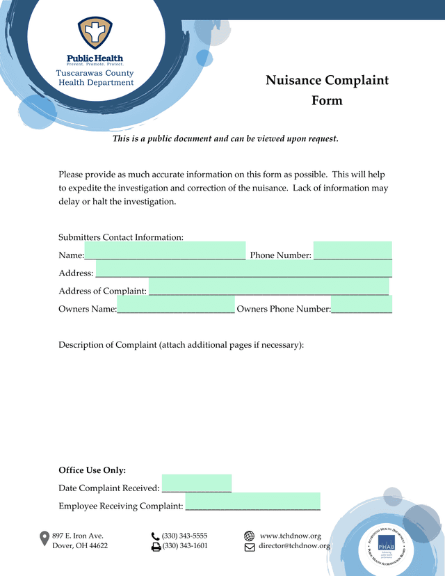 Nuisance Complaint Form screenshot
