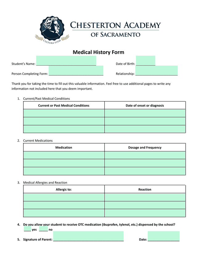 Medical History Form screenshot