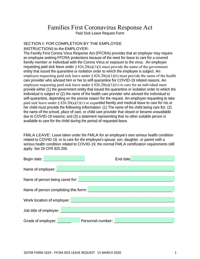 DOTM FORM 1024   FFCRA SICK LEAVE REQUEST screenshot