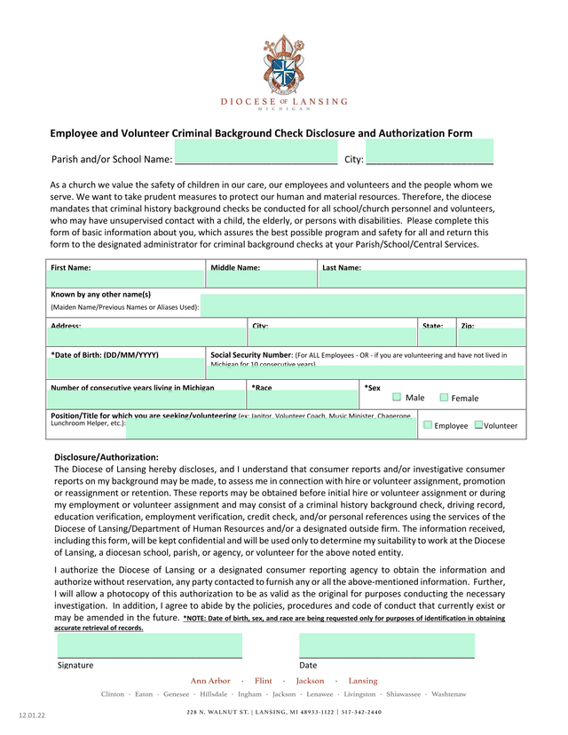 Employee And Volunteer Criminal Background Check Disclosure And Authorization Form screenshot