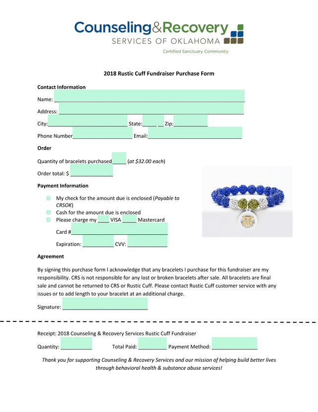 2018 Rustic Cuff Fundraiser Purchase Form screenshot