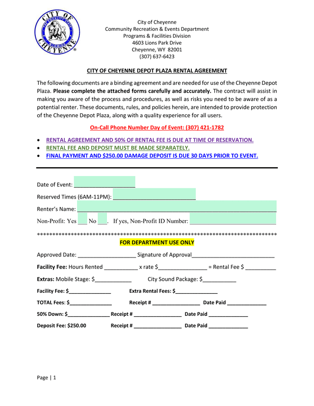 City Of Cheyenne Depot Plaza Rental Agreement screenshot