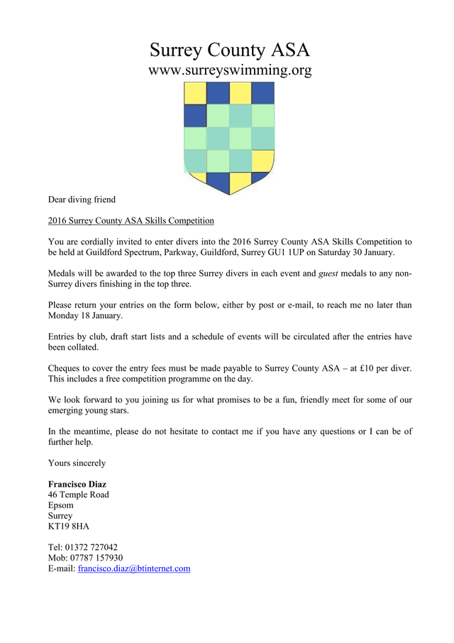 Surrey County ASA Skills Competition  Entry Form screenshot