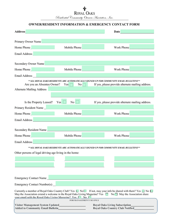 OWNERRESIDENT INFORMATION  EMERGENCY CONTACT FORM screenshot