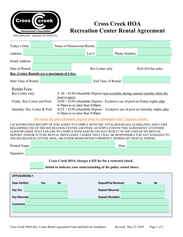 Cross Creek HOA Rec. Center Rental Agreement Form And Rules  Guidelines screenshot