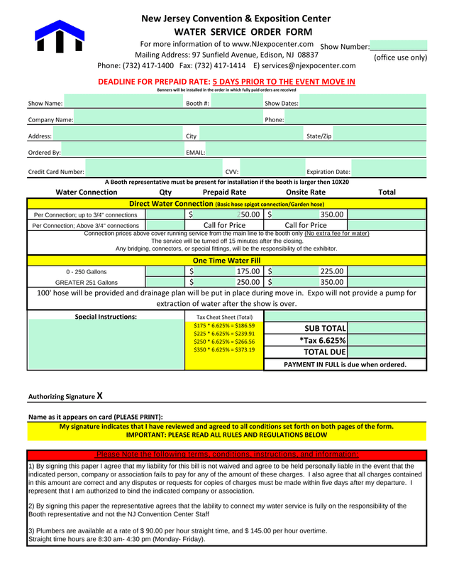 Water Service Order Form screenshot