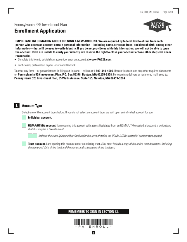 Pennsylvania 529 Investment Plan Enrollment Application screenshot